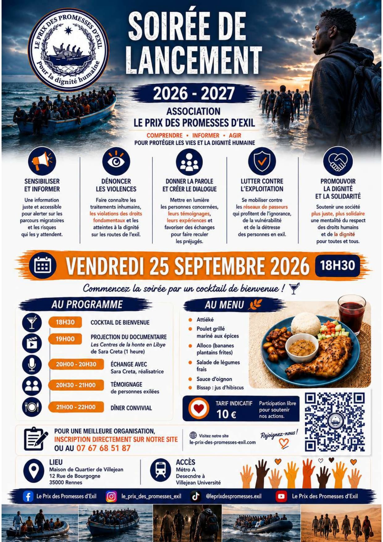 Affiche de la soirée de lancement 2026-2027 : vendredi 25 septembre 2026 à 18h30, Maison de Quartier de Villejean à Rennes — programme, menu et informations pratiques