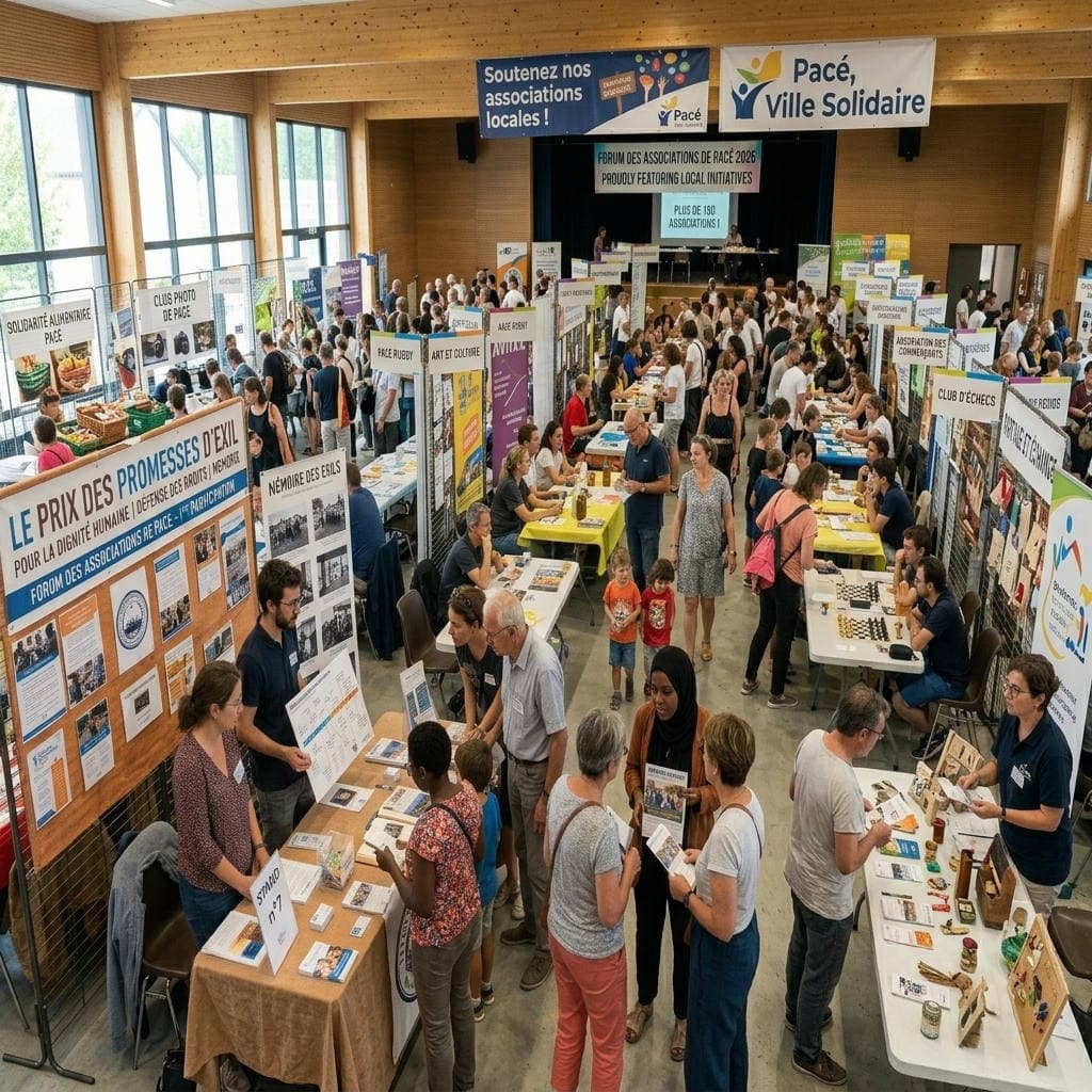 Vue d'ensemble de la salle Émeraude pendant le Forum des associations de Pacé, avec les stands des associations locales et les visiteurs