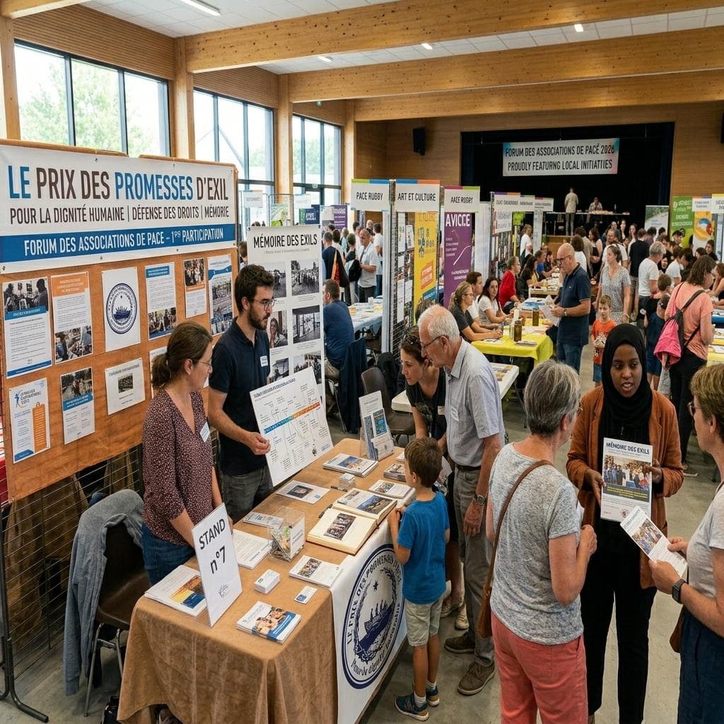 Le stand n°7 du Prix des Promesses d'Exil au Forum des associations de Pacé : panneaux d'exposition, documentation et bénévoles échangeant avec les visiteurs