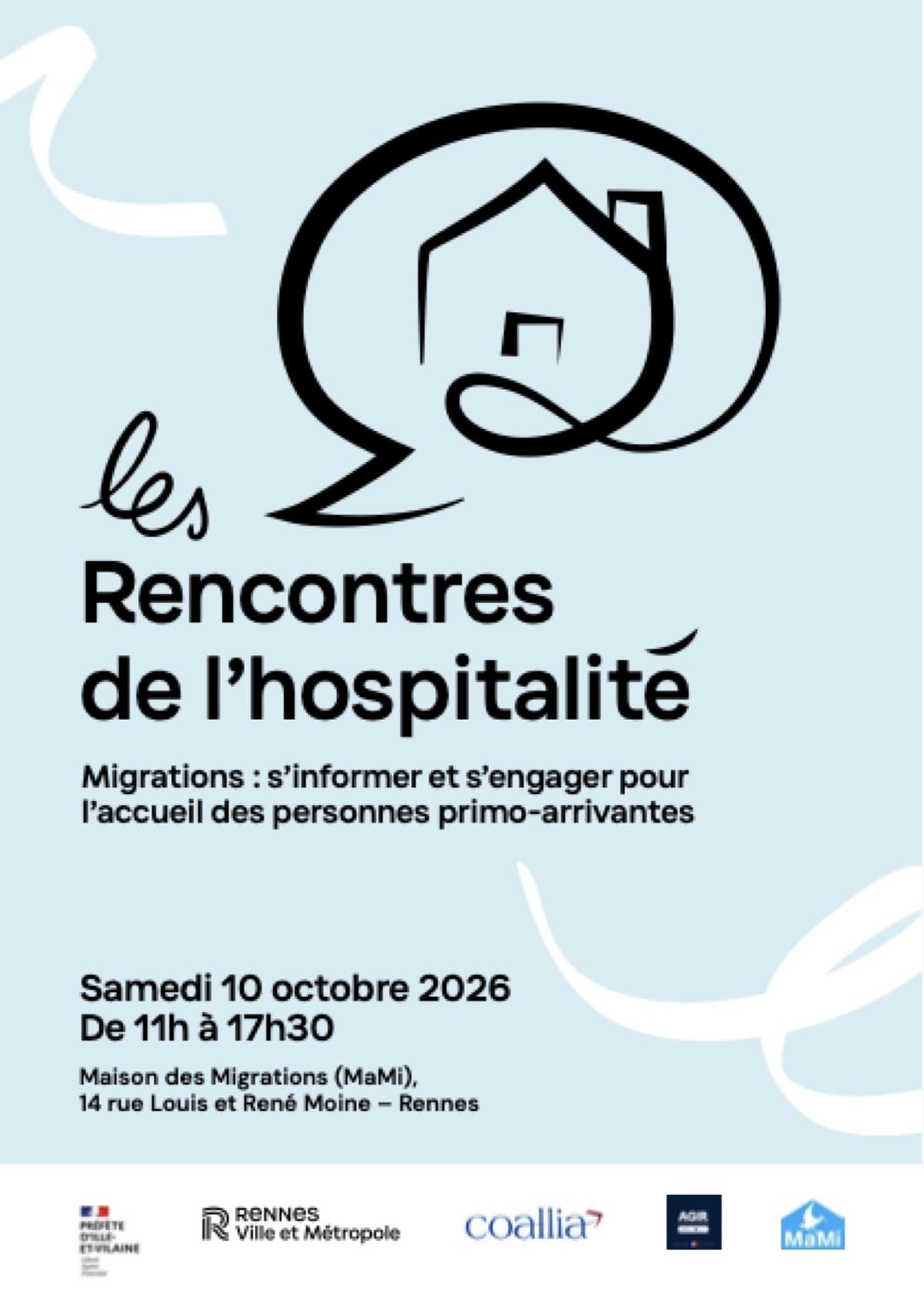 Affiche des Rencontres de l'hospitalité : samedi 10 octobre 2026, de 11h à 17h30, Maison des Migrations (MaMi), 14 rue Louis et René Moine à Rennes.