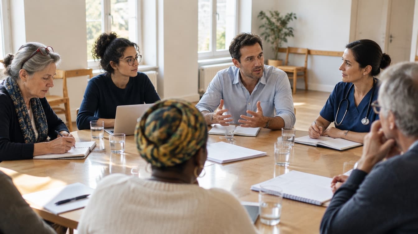 Réunion de travail autour d'une table : des professionnel·les et des personnes concernées échangent, prennent des notes et discutent.
